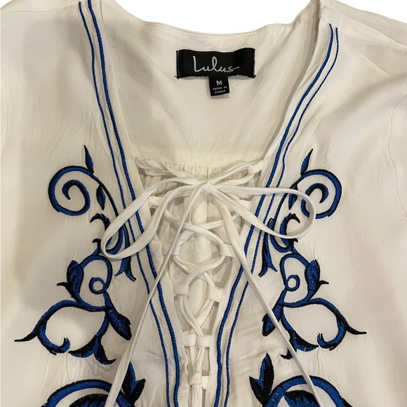 Lulu’s Down in Kokomo Ivory Floral Embroidered Shift Lace-up Dress, Size M, EUC - Picture 8 of 9